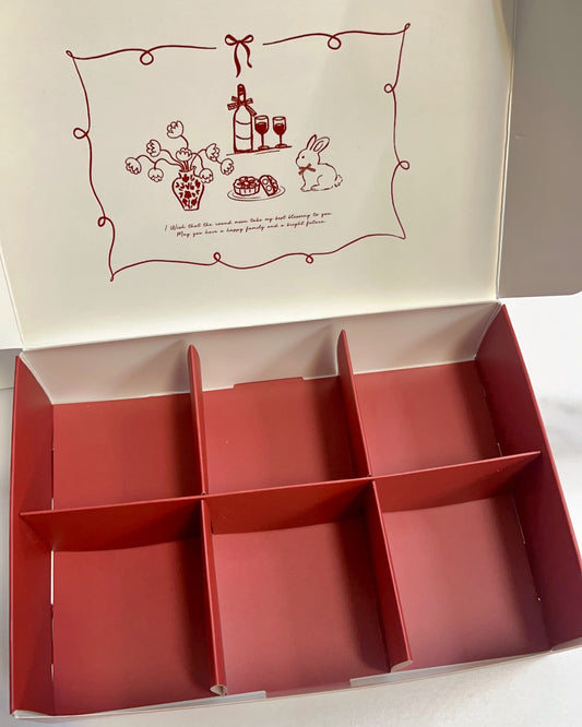 月餅包裝盒 - 酒紅色兔子圖鴉 (長方 24x16.2x6cm) Mooncake Packaging Box - Red rabbit drawing (24x16.2x6cm)
